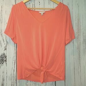 EUC Lucky Brand coral peach pink tie front gathered sleeved light weight top SzS